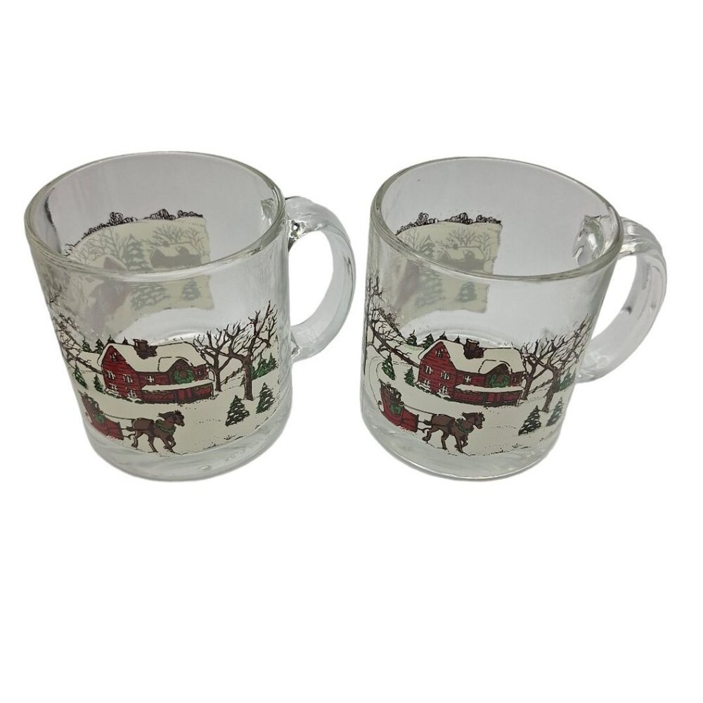 Libbey Glass Coffee Mug Cup Pair Set 2 Winter Village Cider Hot Cocoa Holiday